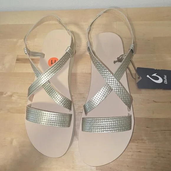 NWT Olukai Onohi Strappy Platform Woven Leather Sandal Women Size 11 Color Gold - Picture 2 of 13